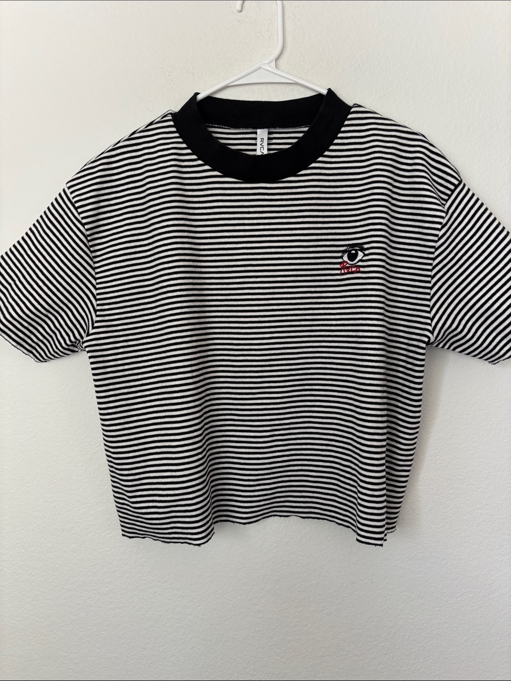RVCA Black and White Striped Short Sleeve Tee Embroidered Eye